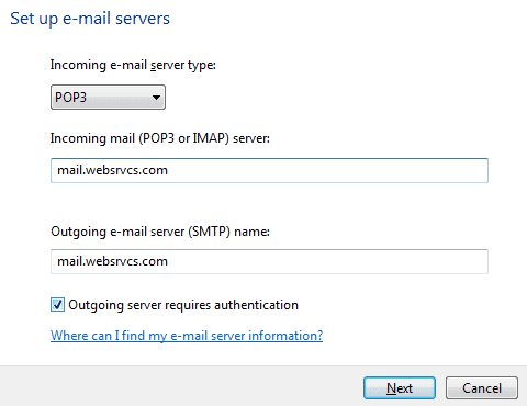 Windows Mail Server Information